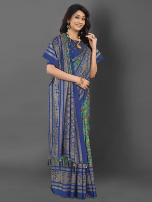 Sareemall Printed Pochampally Cotton Blend Saree(Dark Blue)