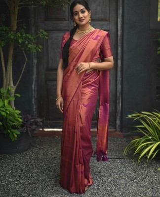 V And V Shop Woven, Applique, Embellished, Self Design, Dyed Kanjivaram Jacquard, Art Silk Saree(Pink)