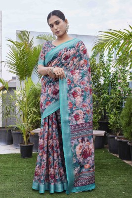 Divastri Printed, Digital Print Chettinadu Cotton Linen, Silk Blend Saree(Multicolor)