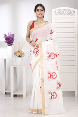 GitAsit Embroidered Tant Pure Cotton Saree(White)