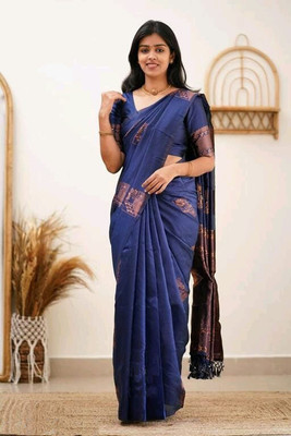 AD Saree Mall Woven Banarasi Silk Blend Saree(Dark Blue)
