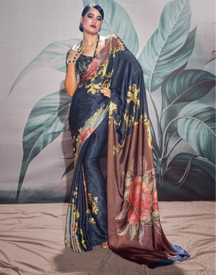 Satrani Digital Print Bollywood Satin Saree(Blue, Brown)