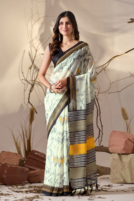 Suvella Printed, Floral Print, Geometric Print Daily Wear Georgette Saree(Cream)