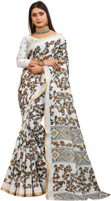 HouseOfCommon Self Design Kanjivaram Pure Cotton, Cotton Linen Saree(White, Brown)
