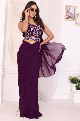 DWINIZAA STORE Solid/Plain Pre Draped Saree Georgette Saree(Purple)