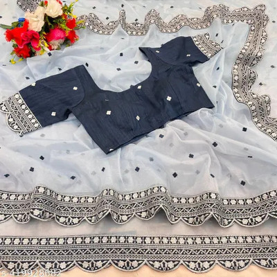 QUEDDY'S Embroidered Bollywood Net Saree(Blue)