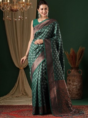 ANOUK Woven Banarasi Silk Blend Saree(Dark Green)