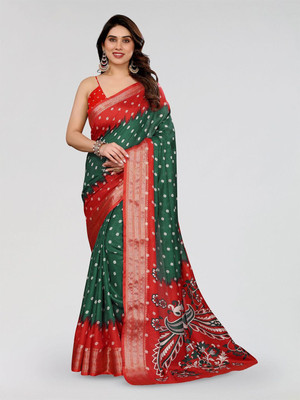 Moda Rapido Printed Bandhani Silk Blend Saree(Green, Red)