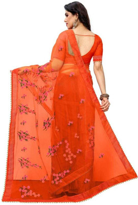 skyfiesta Embroidered Jamdani Net Saree(Orange)