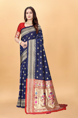 DHAYNAAND REEWA FASHION Woven Kanjivaram Tussar Silk Saree(Dark Blue)