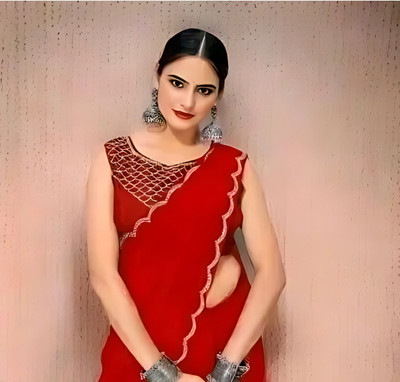 HOC Solid/Plain Bollywood Chiffon Saree(Red)