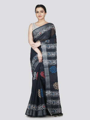 PinkLoom Printed Handloom Linen Saree(Multicolor)