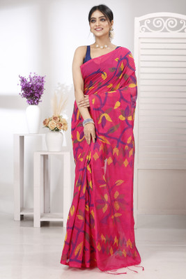 GitAsit Blocked Printed Handloom Cotton Blend Saree(Pink)