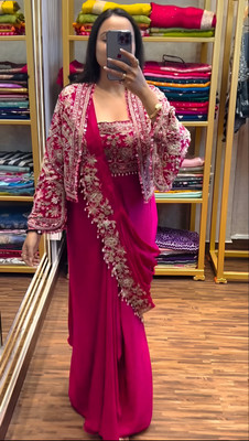 Winischoice Embellished, Embroidered Pre Draped Saree Chiffon Saree(Pink)