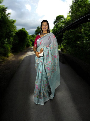 VTEXX Floral Print Saree with Attached Blouse Cotton Linen Saree(Light Blue)