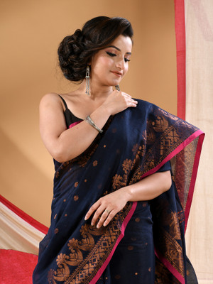Desh Bidesh Woven Bollywood Cotton Silk Saree(Dark Blue)