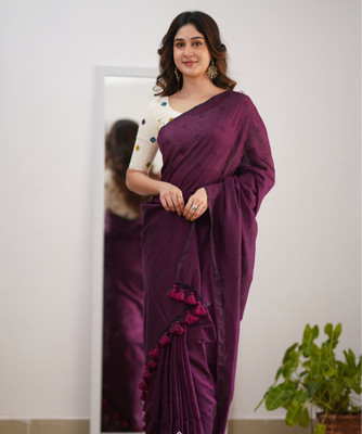 Maku Solid/Plain Tant Pure Cotton Saree(Purple)