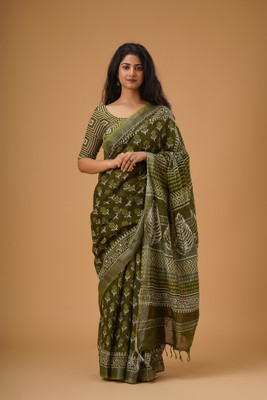 Tropwear Printed Ikkat Cotton Linen Saree(Green)