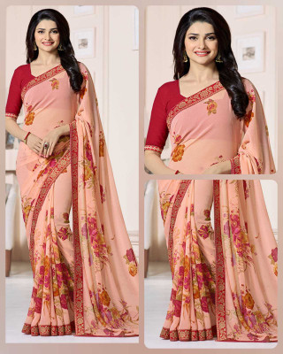 BLEESBURY Printed, Self Design, Digital Print, Embroidered, Floral Print, Solid/Plain Daily Wear Georgette, Chiffon Saree(Pink)
