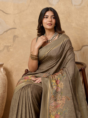Tasrika Printed, Woven Ikkat Tussar Silk Saree(Brown)