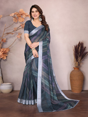 Soor Panchi Digital Print Paithani Cotton Linen Saree(Dark Blue)
