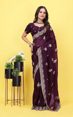 GREENA CREATION Embroidered, Woven, Self Design, Embellished Bollywood Silk Blend Saree(Magenta)