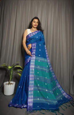 ANJALI TEXTILES Self Design Handloom Cotton Blend Saree(Blue)