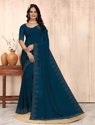 pari creation Solid/Plain, Self Design, Dyed, Applique, Embellished Bollywood Georgette Saree(Light Blue)