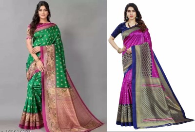 A Star Printed Banarasi Art Silk Saree(Pack of 2, Green, Purple)