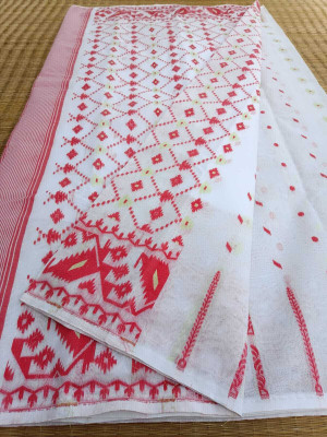 Dristikone Woven Jamdani Pure Cotton Saree(White)