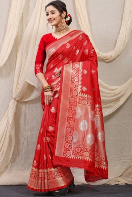 AMIRAT CLOTHING Printed, Self Design Banarasi Pure Silk Saree(Red)