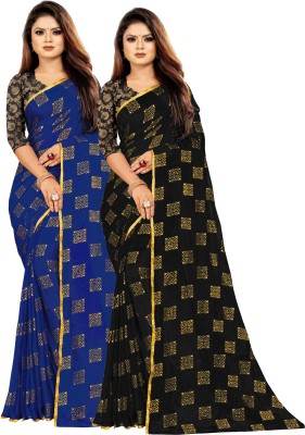 RHEY Printed Bollywood Chiffon Saree(Pack of 2, Dark Blue, Black)