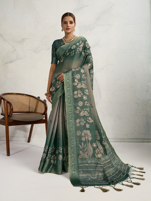 RekhaManiyar Printed, Woven Saree with Attached Blouse Silk Blend Saree(Green)