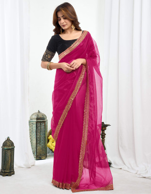 all about you Embellished, Embroidered Bollywood Net Saree(Pink)