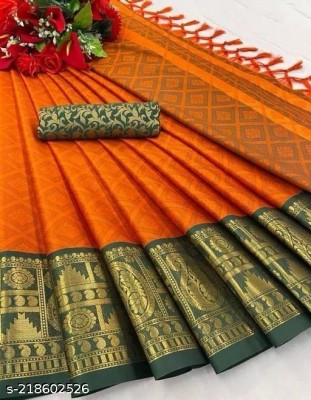 SHWENILA Woven Kanjivaram Cotton Silk Saree(Orange, Green)