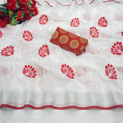 KRIVITY Embroidered Bollywood Cotton Linen, Chanderi Saree(White, Red)