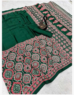 Chandan Fab Printed Kalamkari Jacquard Saree(Green)
