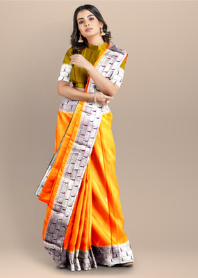 Mysstre Embroidered Paithani Cotton Silk Saree(Orange, Silver)