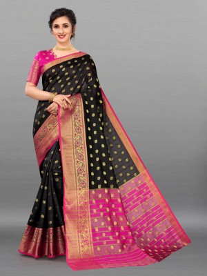 freshbook Self Design, Temple Border, Woven Banarasi Silk Blend, Jacquard Saree(Black)