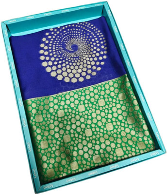 vasthralaya Woven Daily Wear Silk Blend Saree(Dark Blue, Green)