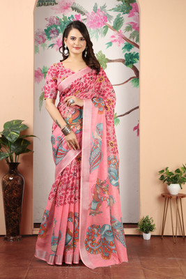 Handsel Printed Bollywood Cotton Linen, Linen Saree(Pink)