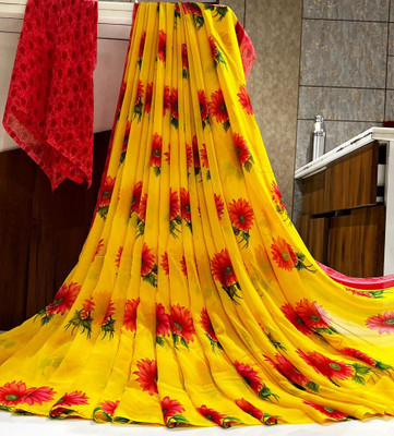 Hensi sarees shop Printed Pochampally Chiffon, Muslin Saree(Yellow)