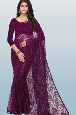 Paanthcreation Solid/Plain Bollywood Net Saree(Purple)