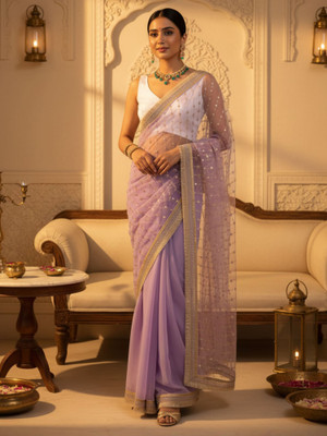 all about you Embellished Bollywood Net Saree(Purple)
