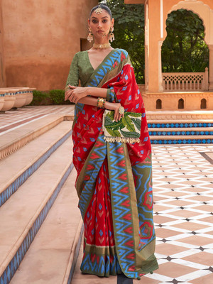 ANOUK Woven Ikkat Silk Blend Saree(Red)