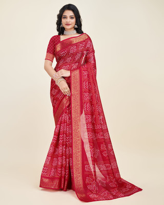 Sanjana Silks Geometric Print Chanderi Cotton Silk Saree(Red)