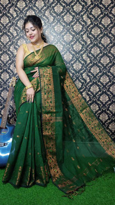 AMIT STORE Self Design Handloom Cotton Blend Saree(Dark Green)