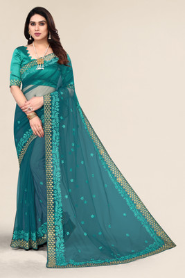 ALAGINI Embroidered Bollywood Net Saree(Blue)