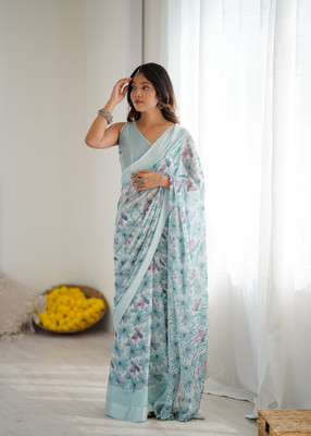 Margi Designers Printed Bollywood Satin Saree(Blue)