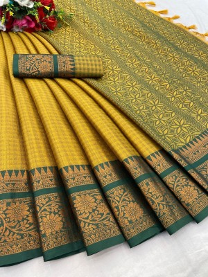 LADY SHOPI Woven Banarasi Cotton Silk Saree(Yellow, Green)